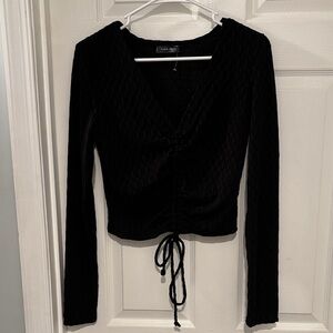 Triple 7 Black Textured Long Sleeve Top with Drawstring